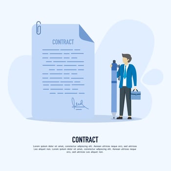Sign the contract. Businessman cartoon character holding pen. Official document, Legal contract with signature. agreement, commitment agreement. Isolated vector concept metaphor illustration