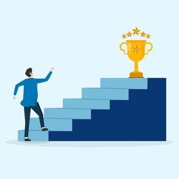 motivation concept, Hope for success in business, achievement or achievement of business goals, confident smart businessman climbing the ladder to the top for the prize of a valuable trophy. vector