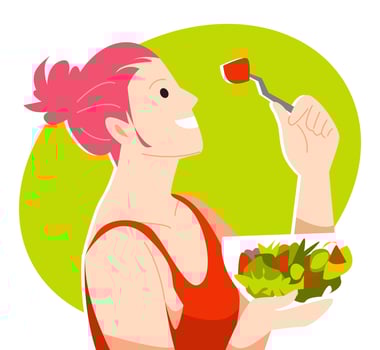 young woman eating salad with a fork. holding salad with bowl. diet concept, food, fruit, vegetable, health. flat vector illustration