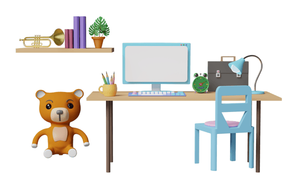 office room or home office workplace with computer,desk,chair,teddy bear, book,lamp, coffee cup in room. work from home,information researching concept,3d illustration or 3d render png