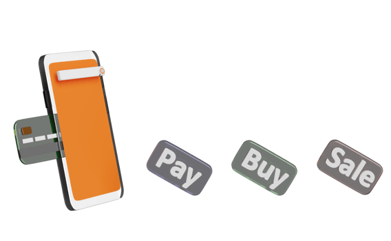 orange mobile phone or smartphone with store front, buy, sale, pay label tag, credit card isolated. online shopping, search data concept, 3d illustration or 3d render png