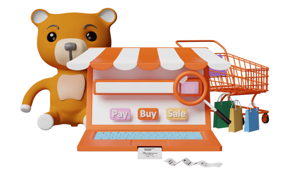 orange computer with store front, electronic bill payment, cart, paper bags, magnifying, blank search bar, teddy bear isolated. online shopping, search data concept, 3d illustration, 3d render png