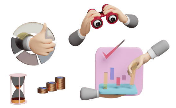 3d charts and graph with businessman hand, check, analysis business financial data,binocular, Online marketing isolated. business strategy concept, 3d render illustration png