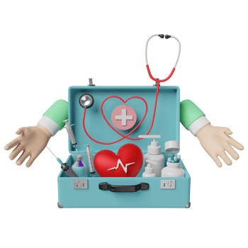 cartoon doctor two hands with first aid kit, stethoscope, syringe, red heart and blood pressure heart rate isolated. health love or world heart day concept, 3d illustration, 3d render png