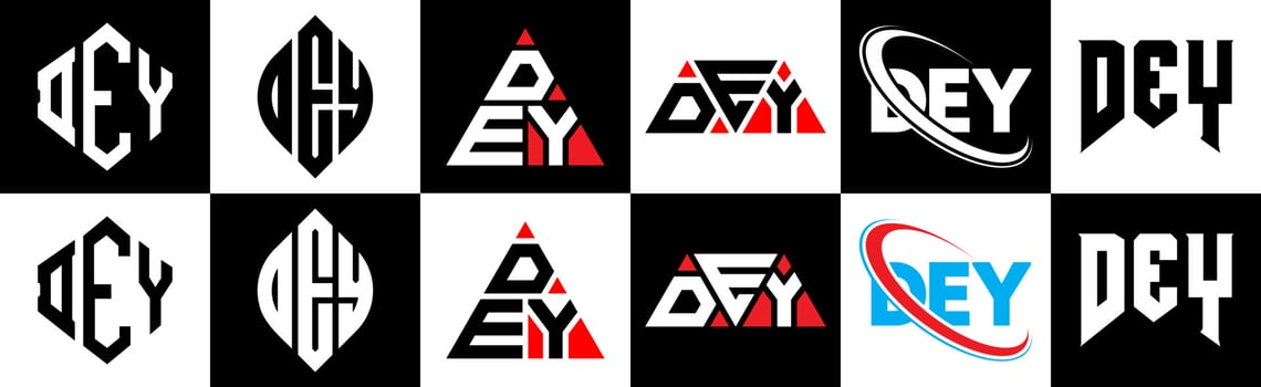 DEY letter logo design in six style. DEY polygon, circle, triangle, hexagon, flat and simple style with black and white color variation letter logo set in one artboard. DEY minimalist and classic logo vector