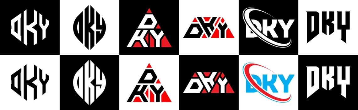 DKY letter logo design in six style. DKY polygon, circle, triangle, hexagon, flat and simple style with black and white color variation letter logo set in one artboard. DKY minimalist and classic logo vector