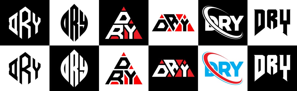 DRY letter logo design in six style. DRY polygon, circle, triangle, hexagon, flat and simple style with black and white color variation letter logo set in one artboard. DRY minimalist and classic logo vector