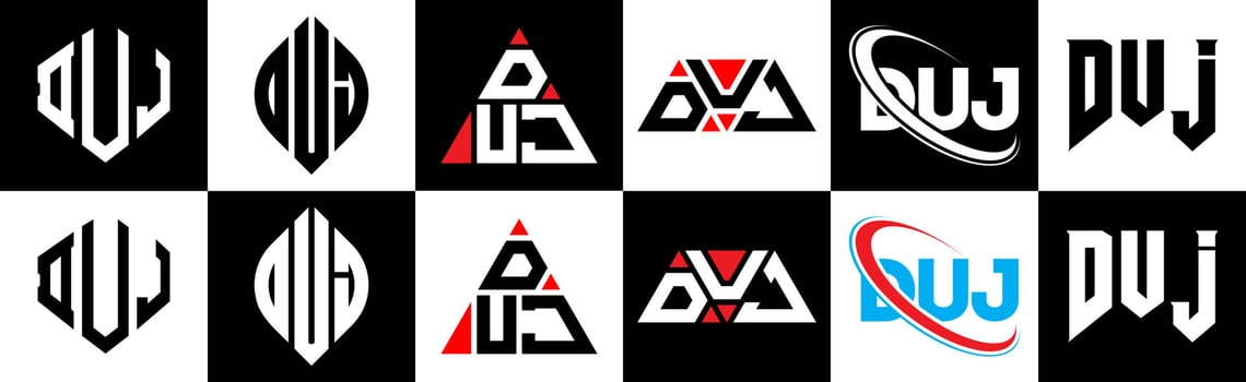DUJ letter logo design in six style. DUJ polygon, circle, triangle, hexagon, flat and simple style with black and white color variation letter logo set in one artboard. DUJ minimalist and classic logo vector