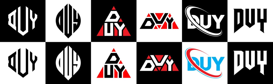 DUY letter logo design in six style. DUY polygon, circle, triangle, hexagon, flat and simple style with black and white color variation letter logo set in one artboard. DUY minimalist and classic logo vector