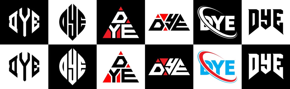 DYE letter logo design in six style. DYE polygon, circle, triangle, hexagon, flat and simple style with black and white color variation letter logo set in one artboard. DYE minimalist and classic logo vector
