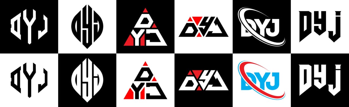 DYJ letter logo design in six style. DYJ polygon, circle, triangle, hexagon, flat and simple style with black and white color variation letter logo set in one artboard. DYJ minimalist and classic logo vector