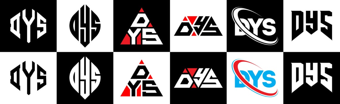 DYS letter logo design in six style. DYS polygon, circle, triangle, hexagon, flat and simple style with black and white color variation letter logo set in one artboard. DYS minimalist and classic logo vector