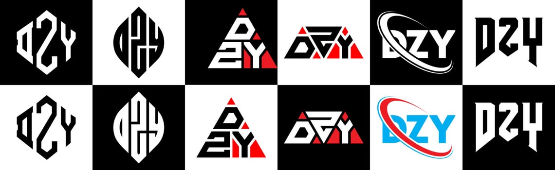 DZY letter logo design in six style. DZY polygon, circle, triangle, hexagon, flat and simple style with black and white color variation letter logo set in one artboard. DZY minimalist and classic logo vector