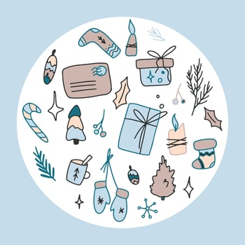 Christmas set in Hand drawn doodle flat nordic style with seasonal decoration elements in circle shape illustration vector