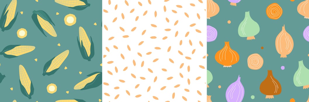 A set of seamless patterns with vegetables. Abstract corn and onions, healthy natural nutrition. Vector graphics.