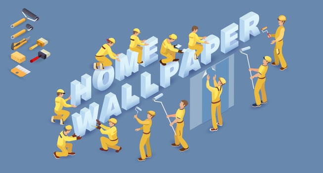 Workers install isometric letters. Words Home Wallpaper. Vector illustration.