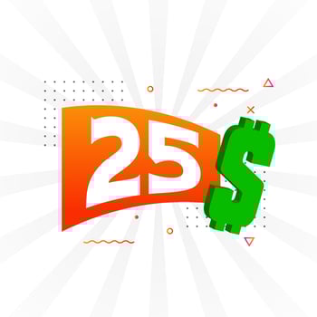 25 Dollar currency vector text symbol. 25 USD United States Dollar American Money stock vector