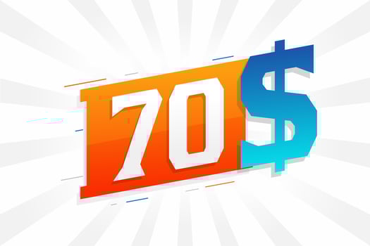 70 Dollar currency vector text symbol. 70 USD United States Dollar American Money stock vector