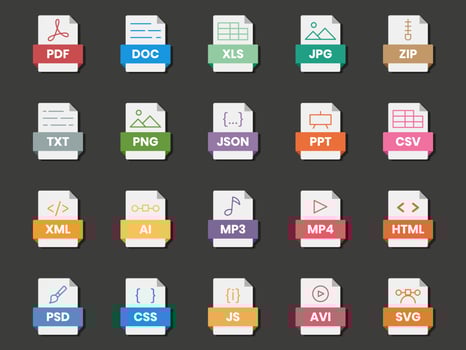 Document file format folder pdf doc xls jpg zip txt png json ppt csv xml ai mp3 mp4 html psd css js avi svg vector