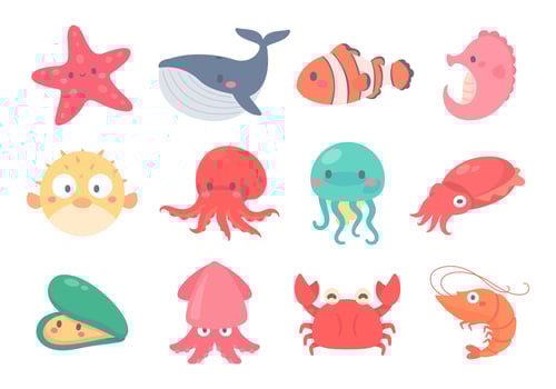 Cute aquatic creatures in the ocean. Aquatic animals for cooking seafood vector
