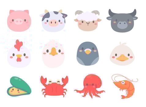 Farm animals cartoon faces for food. Meat for cooking vector
