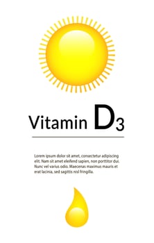 Vertical banner for advertising vitamin D. Shining sun and drop. Medical  advertising. Vertical vector banner.
