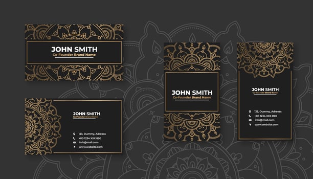 Luxury black business card with golden mandala decoration designs, Bright floral ornamental elements vector