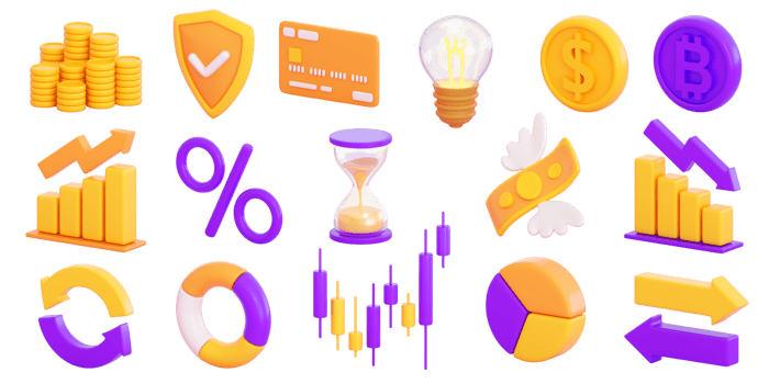 3d finance and business icons set.  Money, stock exchange, business investment, trading and finance concept. Realistic 3d high quality render png