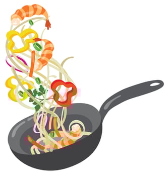 Chinese wok pan with ingredients. Asian fast street food. Hand drawn vector illustration. Suitable for website, stickers, menu.