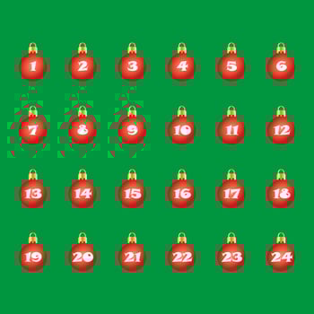 Advent Calendar Christmas Balls Red on green background. Square bright Advent Calendar vector
