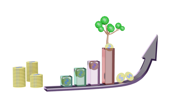 3d pile coins with tree, arrow,bar graph isolated. financial success and growth or saving money concept,  3d render  illustration png