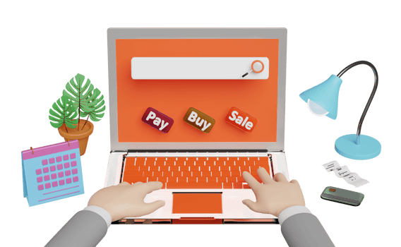 businessman using orange laptop computer on table with buy, sale, pay label tag, alarm clock, invoice, paper check receipt isolated. online shopping search concept, 3d illustration, 3d render png