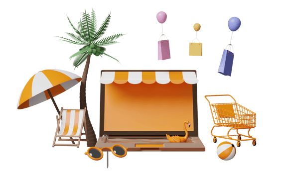 orange laptop computer monitor with store front, beach chair, umbrella, Inflatable flamingo, palm leaf, shopping cart, paper bags, online shopping summer sale concept, 3d illustration or 3d render png