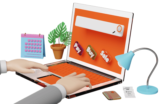 businessman using orange laptop computer on table with buy, sale, pay label tag, alarm clock, invoice, paper check receipt isolated. online shopping search concept, 3d illustration, 3d render png