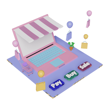 laptop computer with store front, shopping cart, paper bags, buy, sale, pay label tag isolated. online shopping concept, 3d illustration or 3d render png