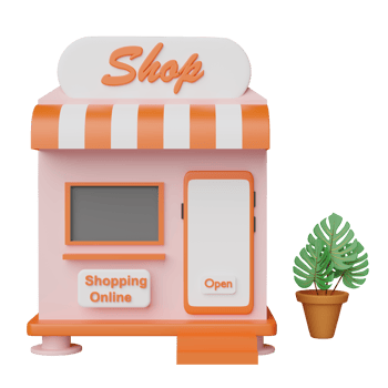 shop or store front with orange mobile phone or smartphone, tree isolated. Startup franchise business, online shopping concept, 3d illustration or 3d render png