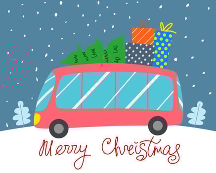 Merry Christmas greeting card. A red Christmas bus with a tree and gifts is driving along the road. Side view. vector