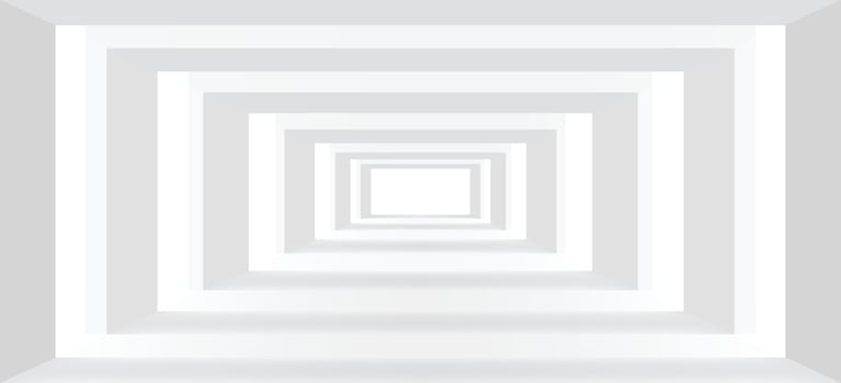 Empty white building corridor vector illustration. Abstract 3d interior room template for background.