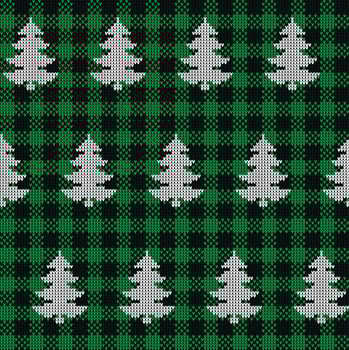 Ugly sweater at Buffalo Plaid Merry Christmas and Happy New Year greeting card frame border . illustration knitted background seamless pattern with folk style scandinavian ornaments. vector