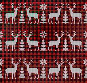 Ugly sweater at Buffalo Plaid Merry Christmas and Happy New Year greeting card frame border . illustration knitted background seamless pattern with folk style scandinavian ornaments. vector