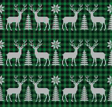 Ugly sweater at Buffalo Plaid Merry Christmas and Happy New Year greeting card frame border . illustration knitted background seamless pattern with folk style scandinavian ornaments. vector