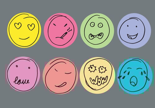 Hand drawn emoticon set, vector on gray background.