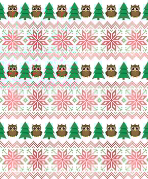 Knitted Christmas and New Year pattern into owls. Wool Knitting Sweater Design. Wallpaper wrapping paper textile print. vector