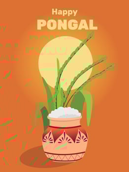 Happy religious holiday Pongal on the background of South Indian celebration and Happy Pongal. Vector illustration. Tamil Nadu Festival, South India. Pot of rice against the backdrop of the sun