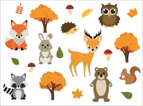 Vector illustration of cute woodland forest animals including a bear, deer, fox, raccoon, hedgehog, squirrel, and rabbit.