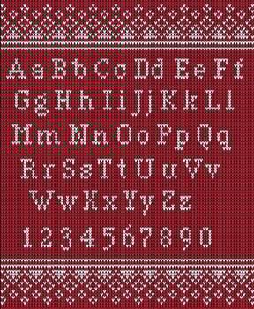 Christmas font. Knitted latin alphabet on seamless knitted pattern with snowflakes and fir. Nordic fair isle knitting, winter holiday sweater design. Vector Illustration.