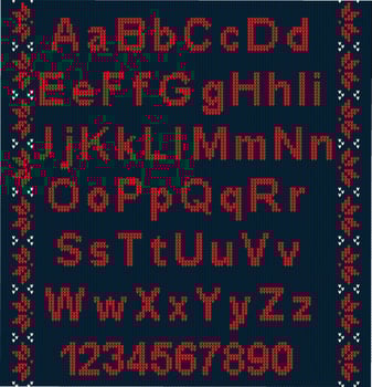 Christmas font. Knitted latin alphabet on seamless knitted pattern with snowflakes and fir. Nordic fair isle knitting, winter holiday sweater design. Vector Illustration.