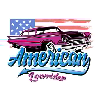 American lowrider inspiration design. Vector illustration with the image of an old classic car, design logos, posters, banners, signage, t shirt design.