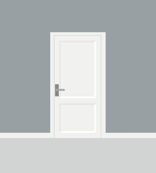 Empty room interior with brick wall and closed white door realistic vector illustration