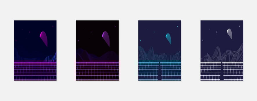 Retro futuristic landscape 1980s style poster or cover design template. Digital retro landscape cyber surface. 80s party background. Retro 80s fashion Sci-Fi Background. Digital Cyber Surface. vector